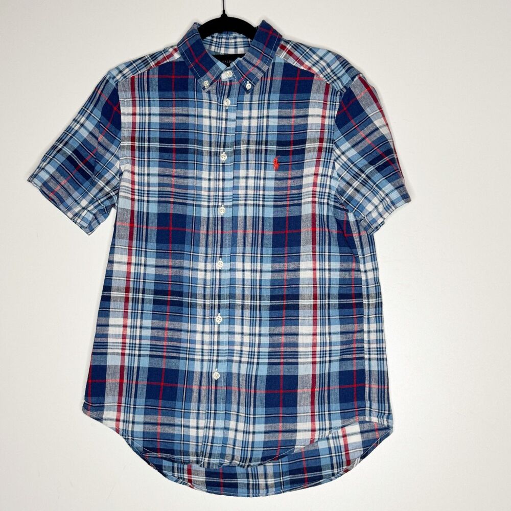Ralph Lauren Plaid Linen Cotton Button Down Short Sleeve Shirt Boys Size 14-16